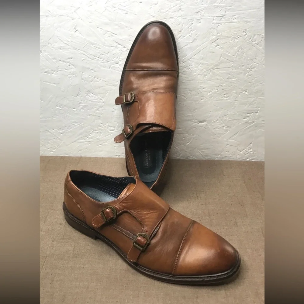 Aston Grey Bussiere Men's Dress Shoes Double Monk Strap Brown Leather Size 10